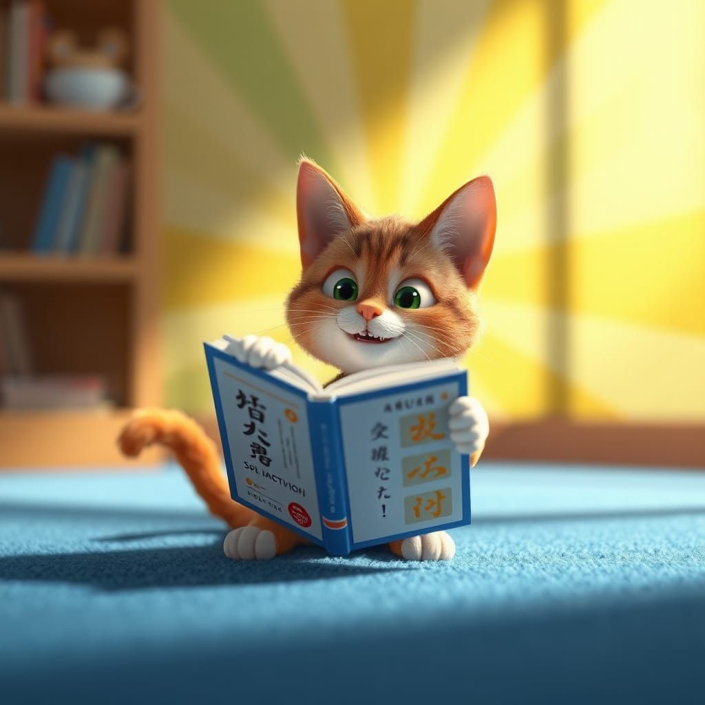 Cat Plays with Textbook: Pixar Style 3D Art