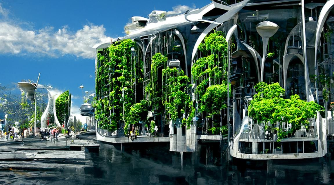 Utopian Solarpunk Cityscape with Lush Greenery