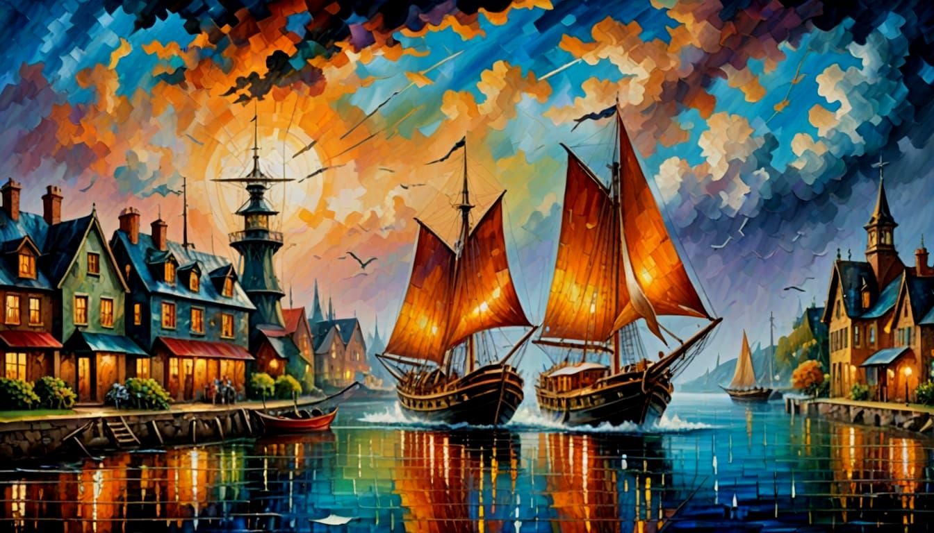 Steampunk Ship in Whimsical Coastal Scene