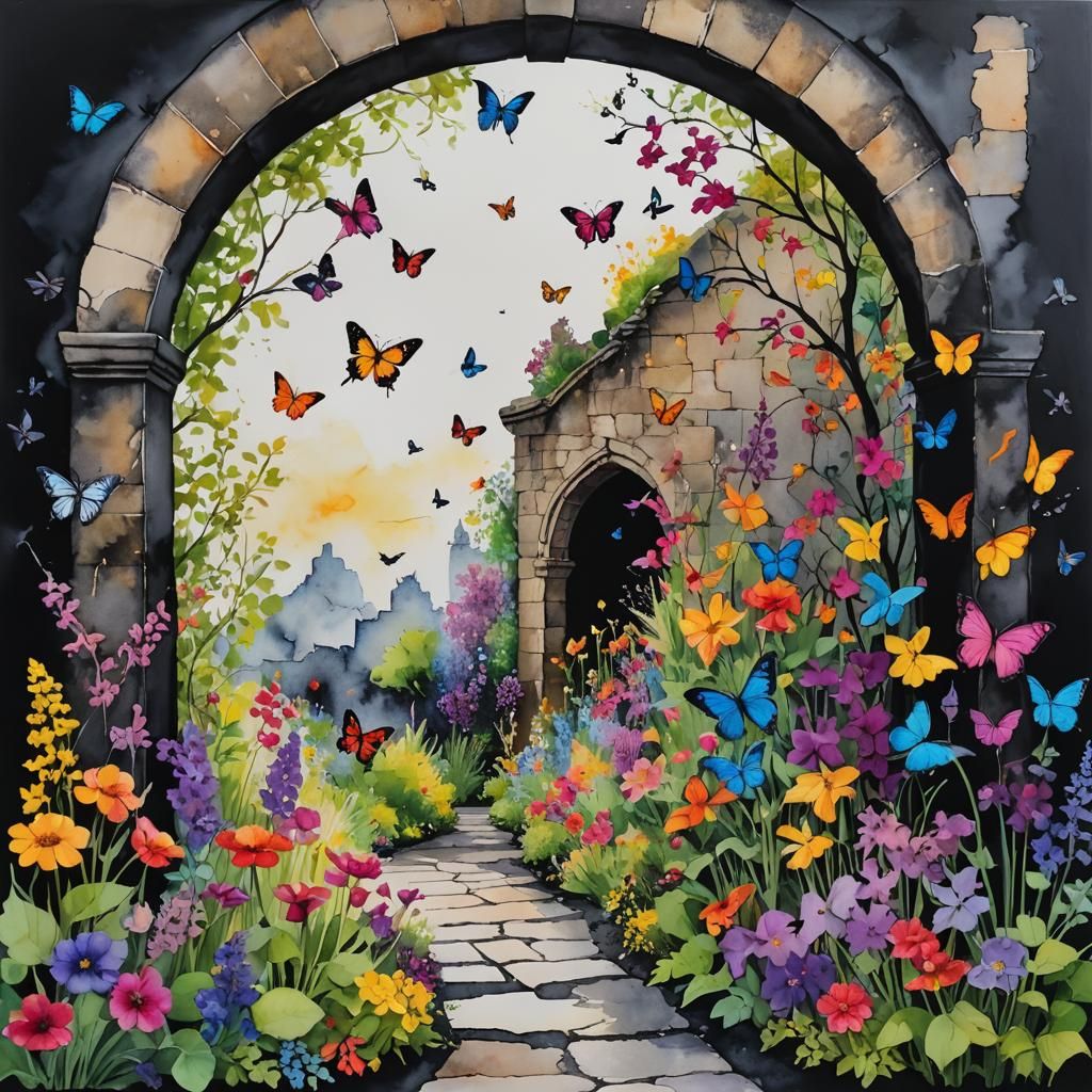 Vibrant Garden Through Stone Archway: Alcohol Ink Art