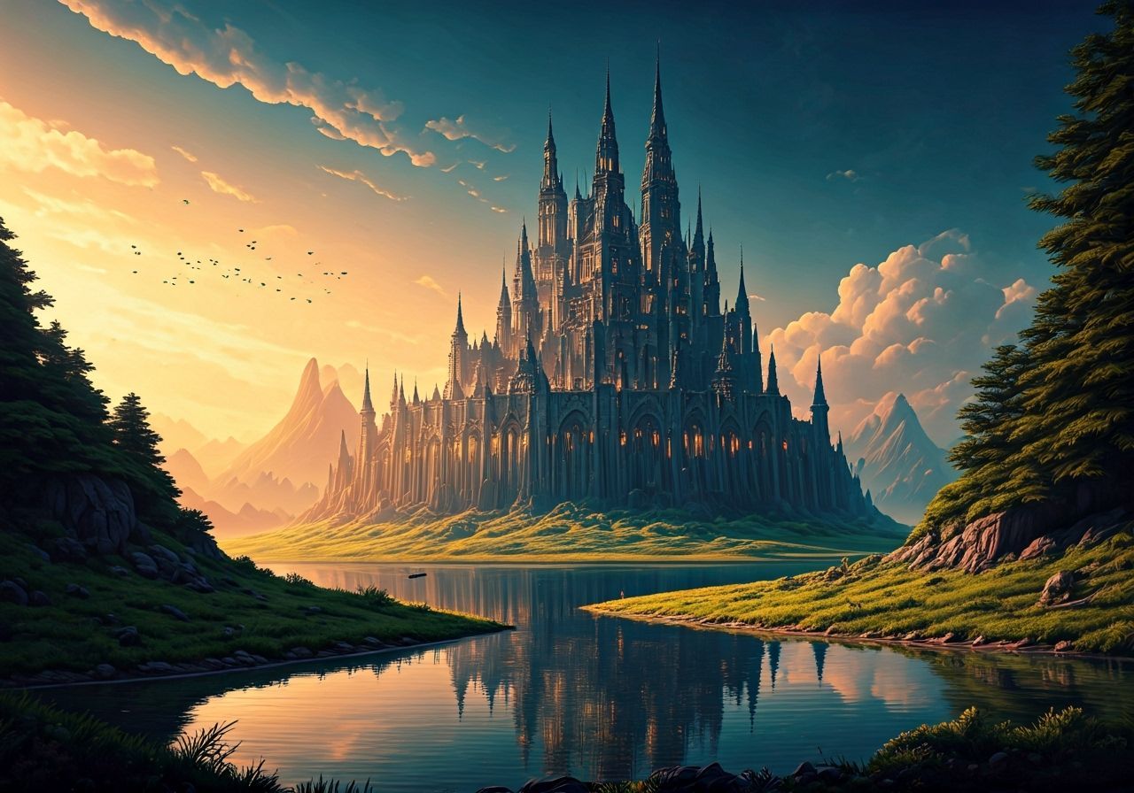 Grand Fantasy Castle Reflected in River, Digital Art