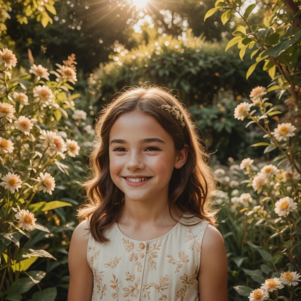 Girl Smiling in Sunlit Garden: Cinematic Film Still