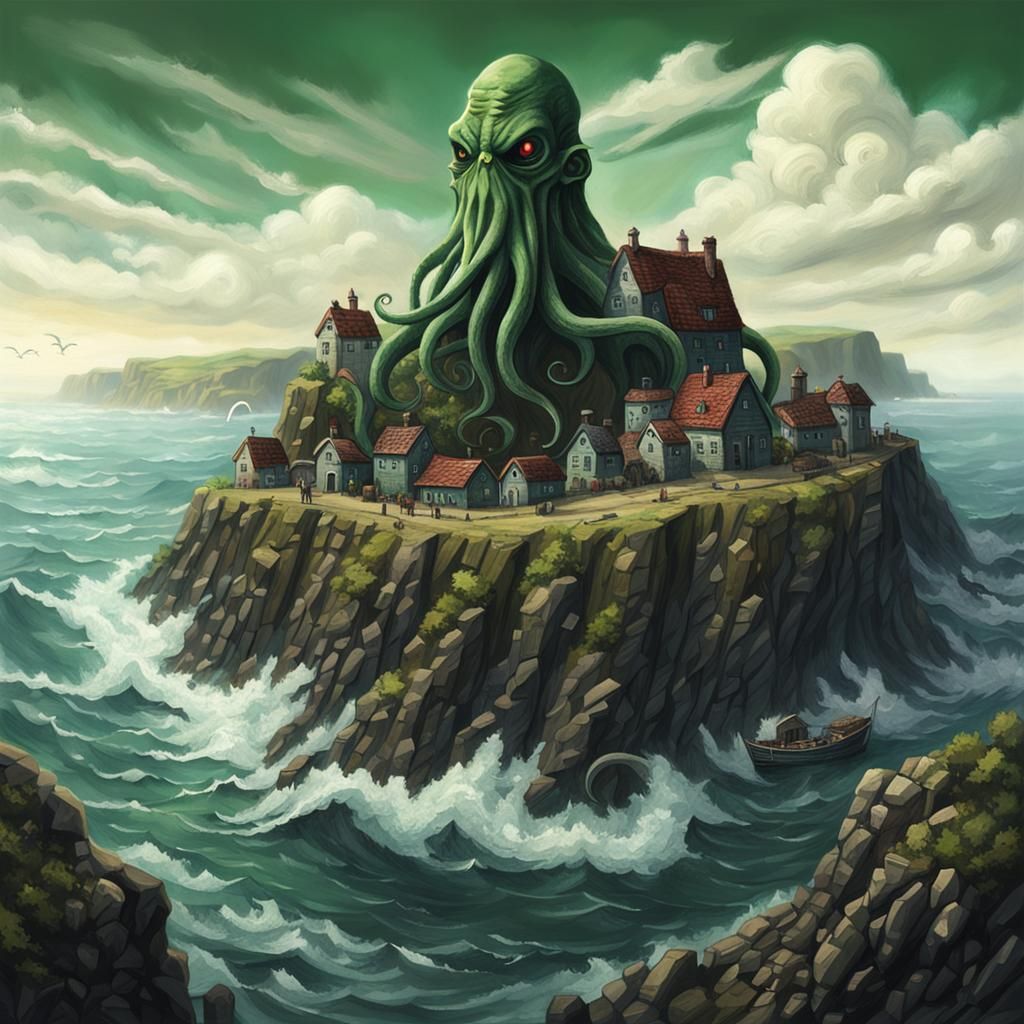 Realistic Cthulhu Towers Over Seaside Village