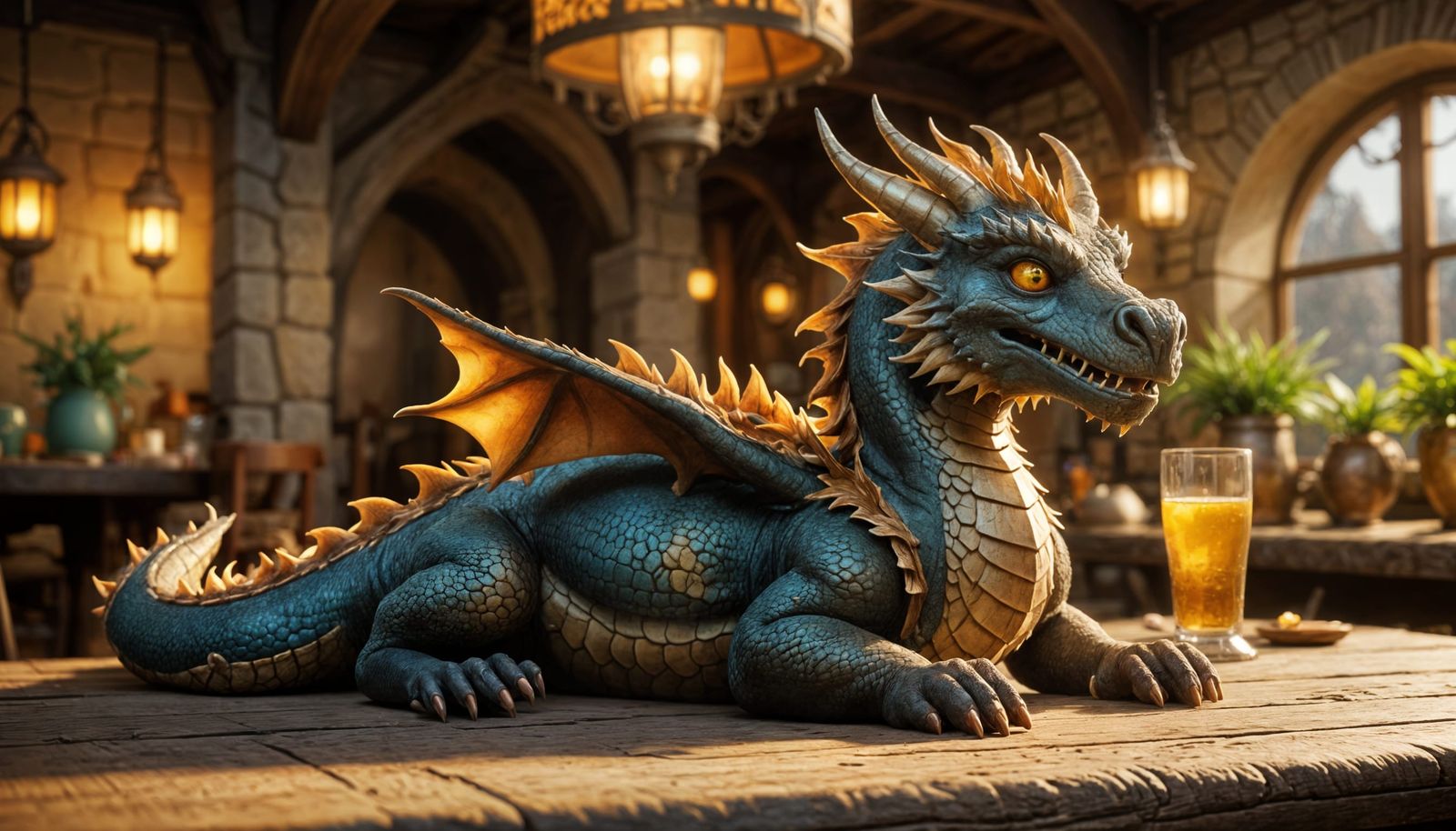 Whimsical Medieval Fantasy Dragon in a Rustic Kitchen Settin...