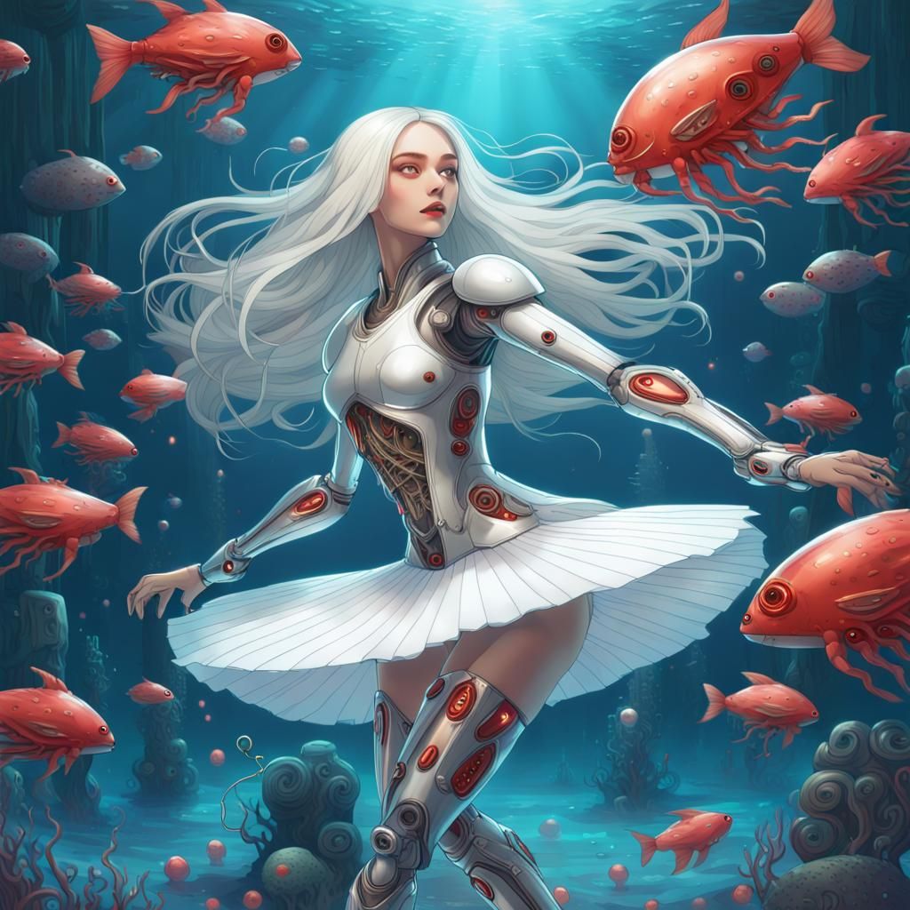 Underwater Robot Ballerina in a Metallic Coral Garden