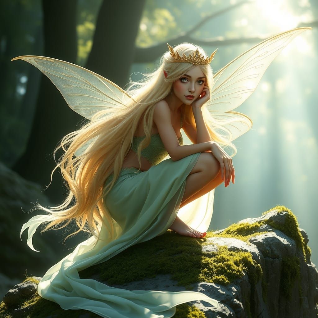 Ethereal Fairy Crouching on Mossy Rock, Digital Painting