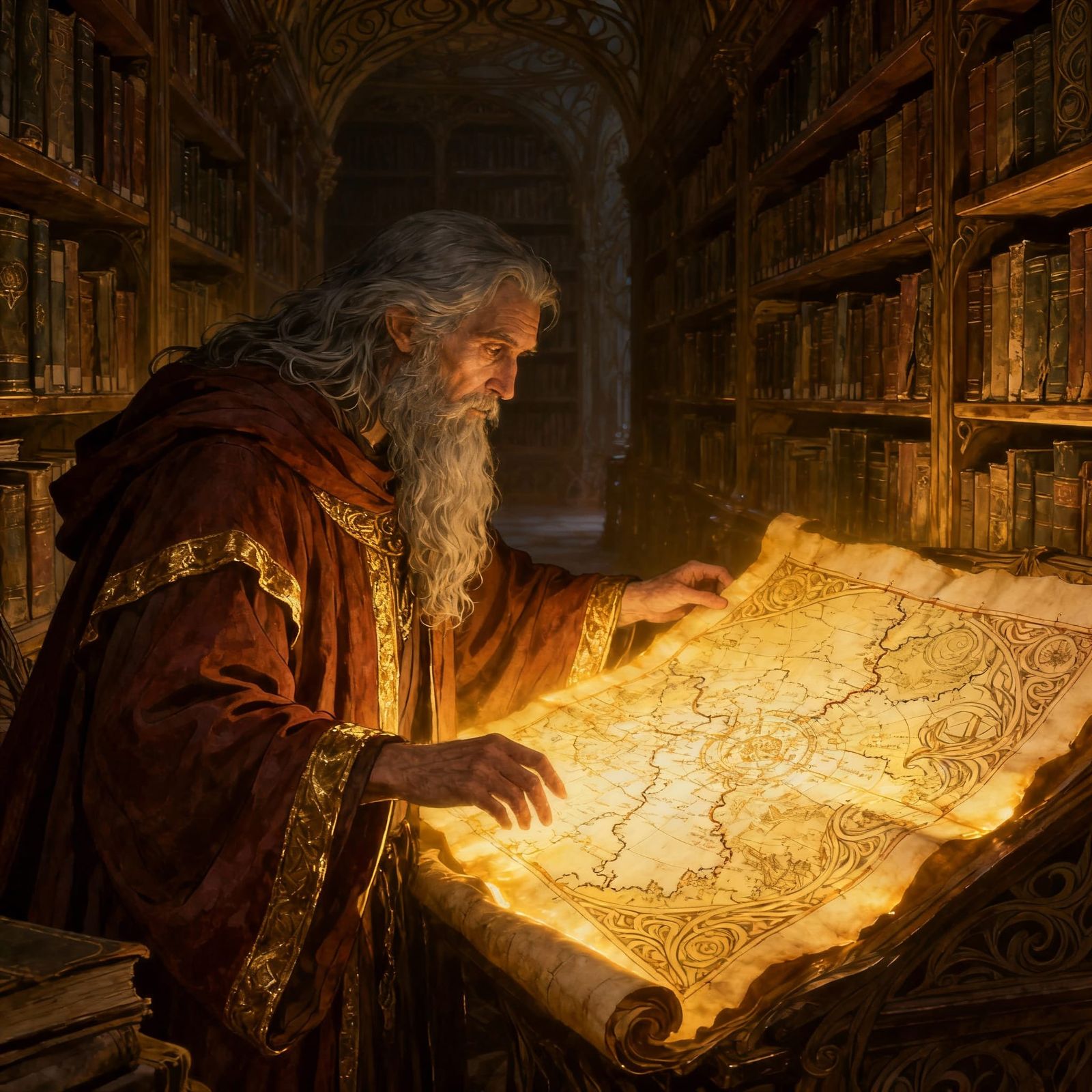 Art Nouveau Wizard Studies Glowing Ancient Map