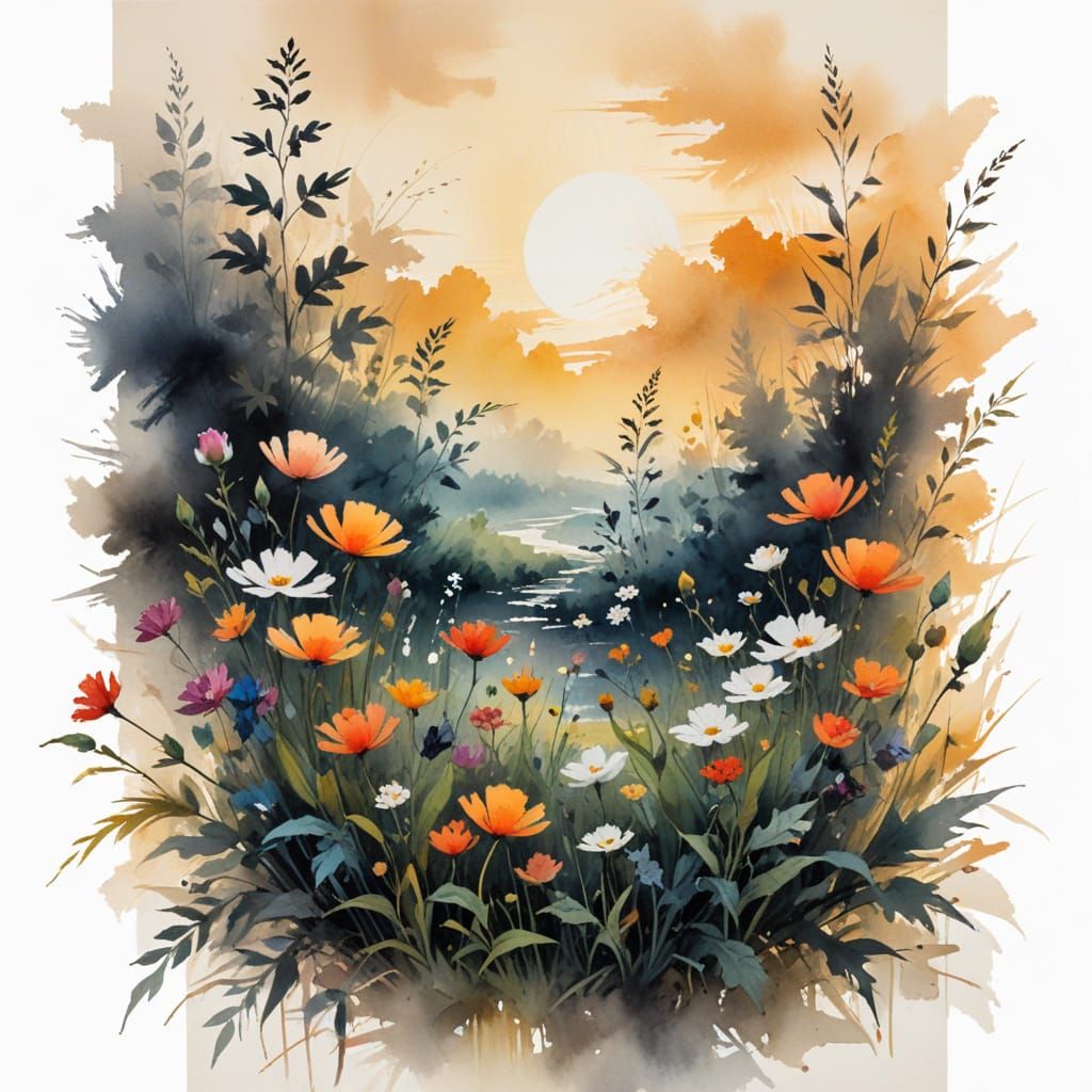 Summer Wildflowers at Golden Hour with Ink Wash