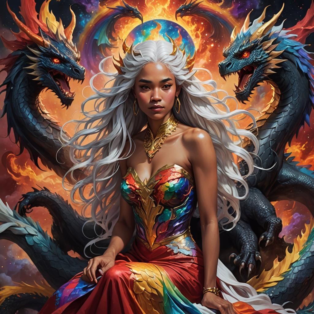 Ethereal Woman on Dragon in Rainbow Cosmos