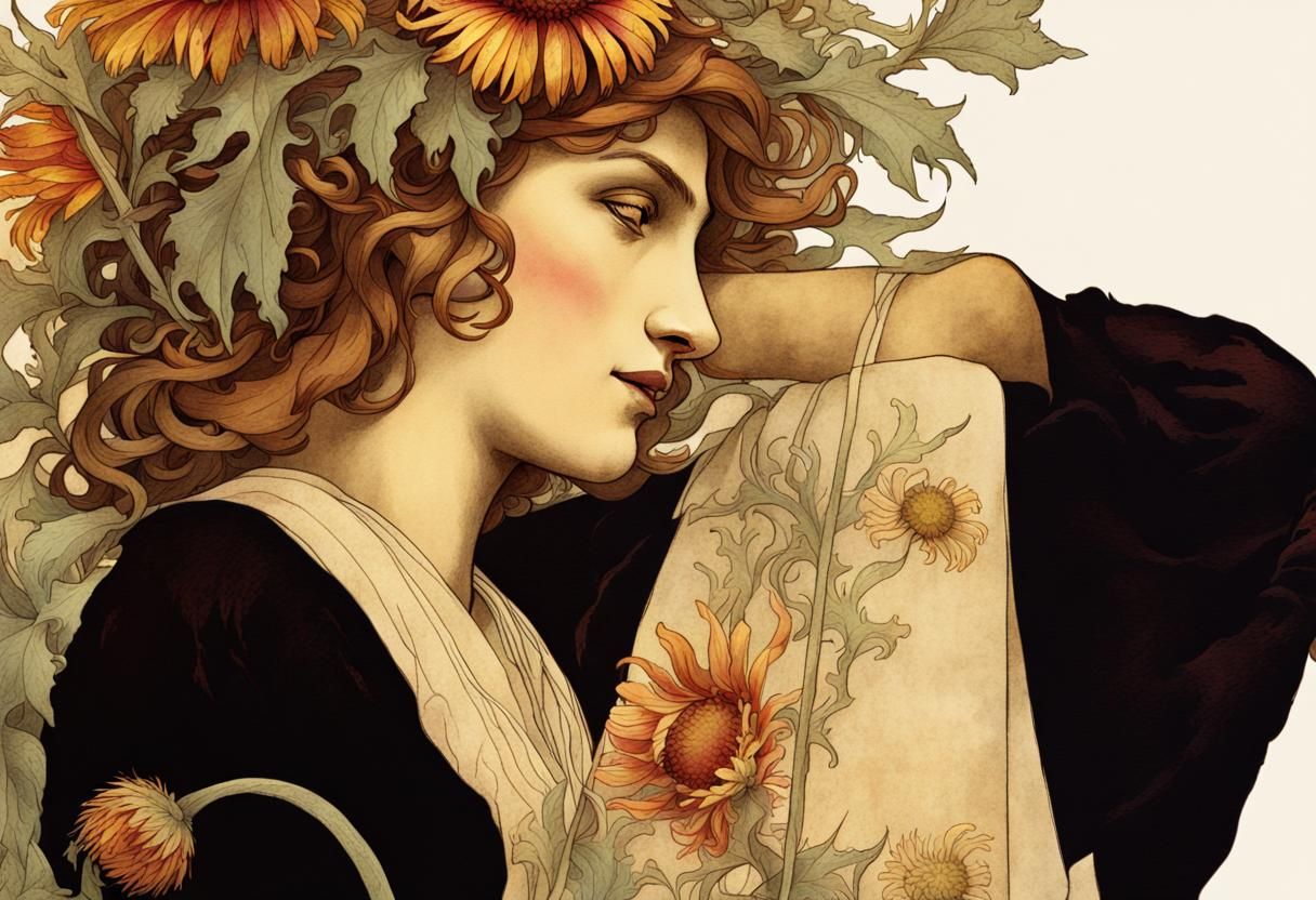 Gaillardia Botanical Illustration in Alphonse Mucha Style