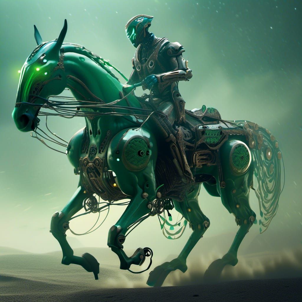 Alien Cyborg Rider on Mechanical Horse in Sci-Fi Style