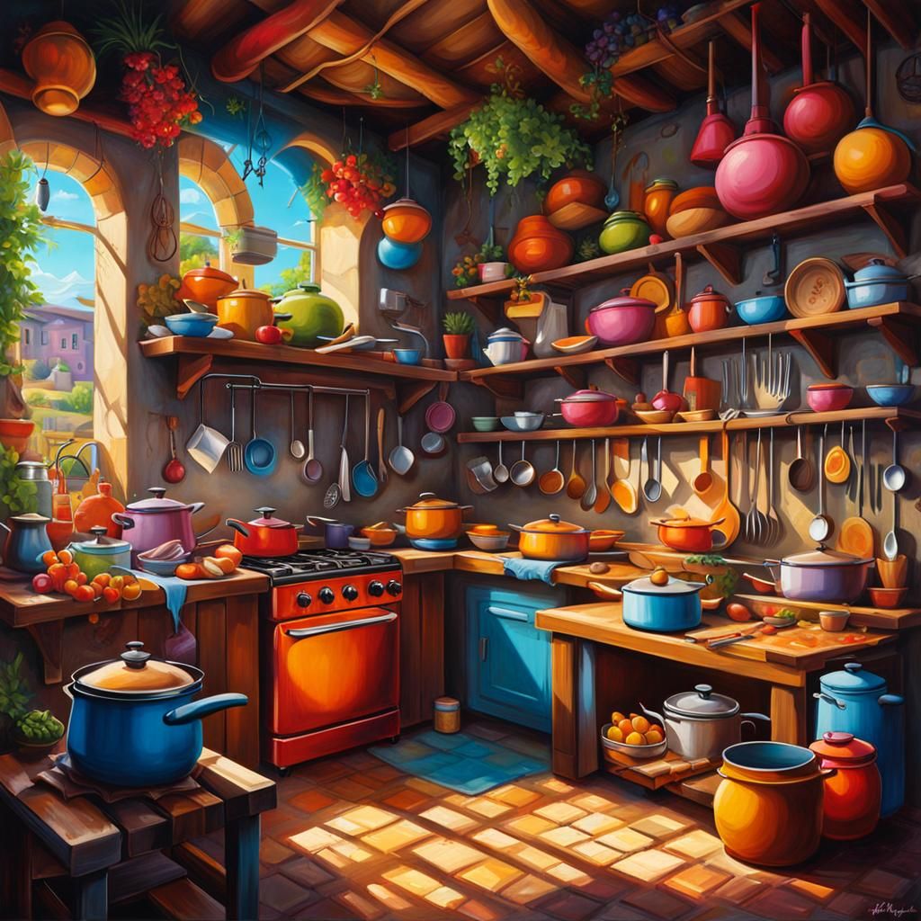 Warm Village Kitchen in Graffiti Art Style