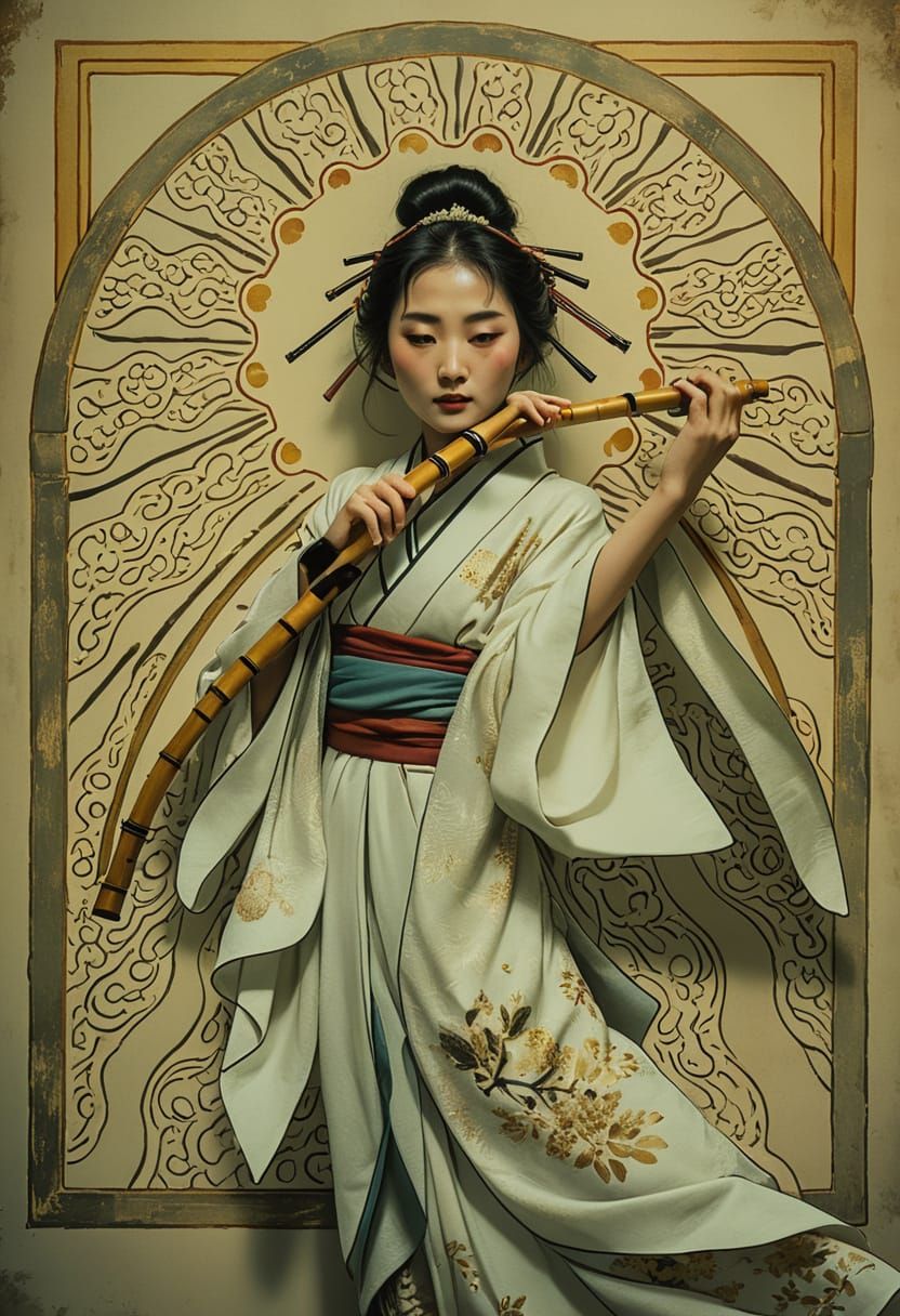 Surreal Japanese Woman Plays Bamboo Flute in Golden Light