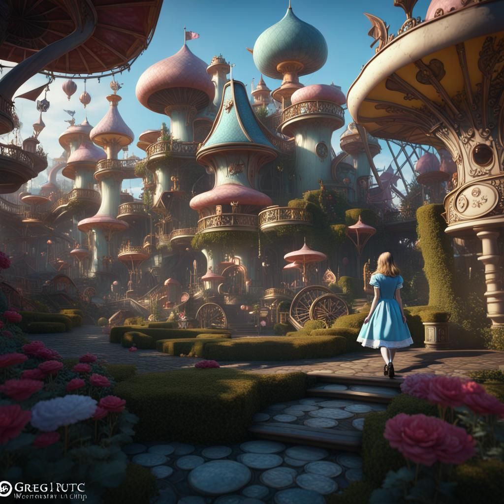 Alice in Wonderland Theme Park in Dark Fantasy Style