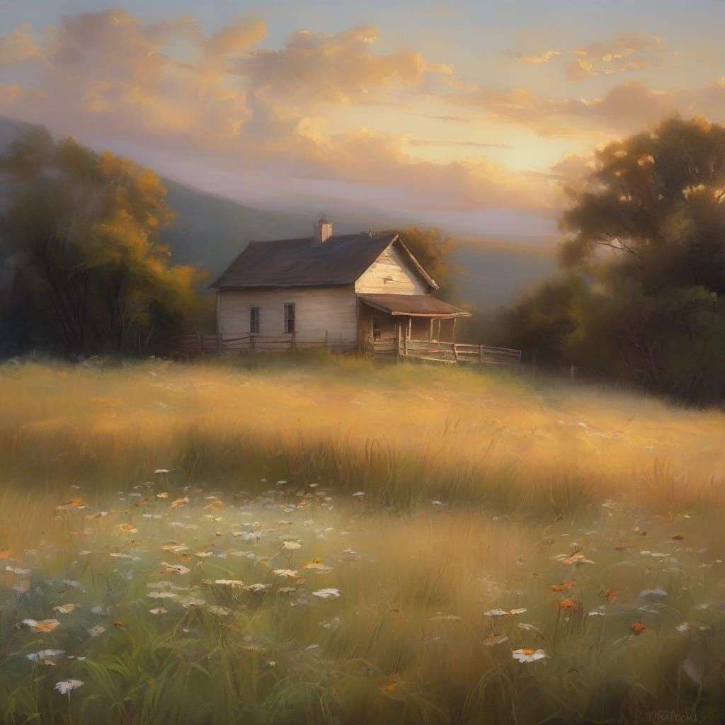 Farmhouse in Wildflowers as Romanticism Oil Painting