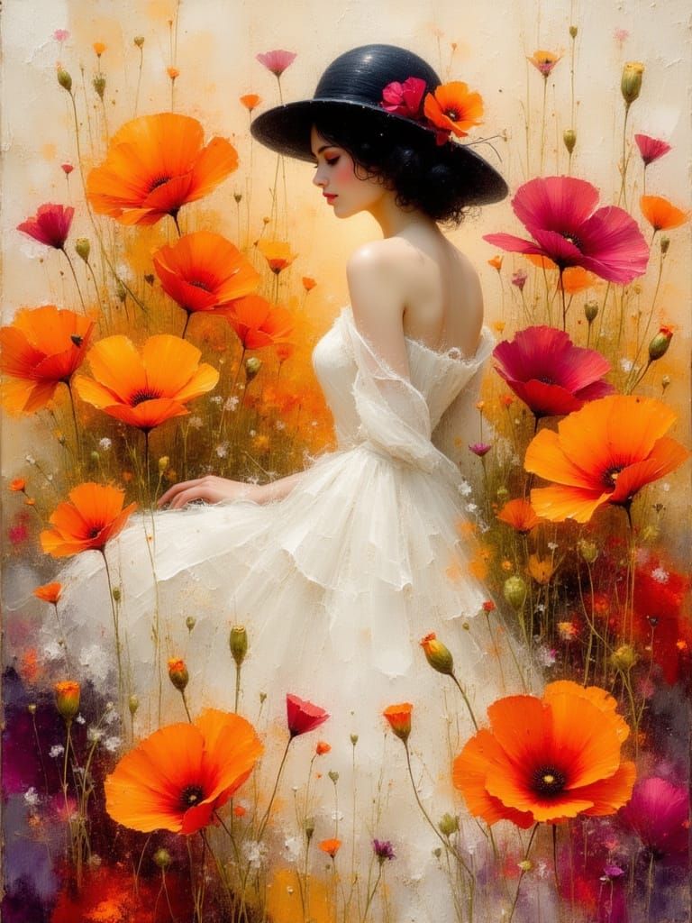 Girl in Poppy Field, Art Nouveau Style