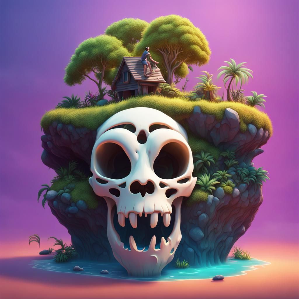 Island Landscape Emerging from Cat Skull in 3D