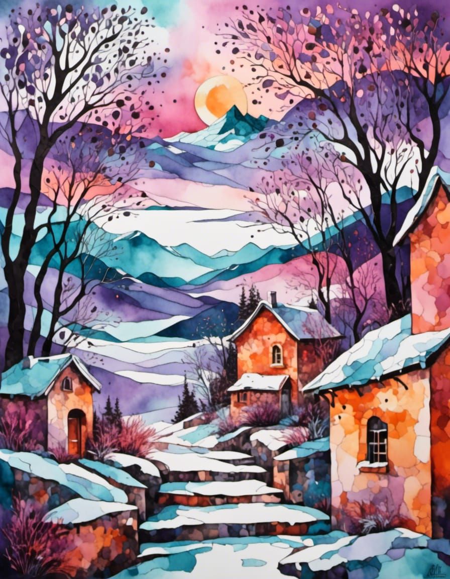 Watercolor Sunrise Over Snowy Mountains