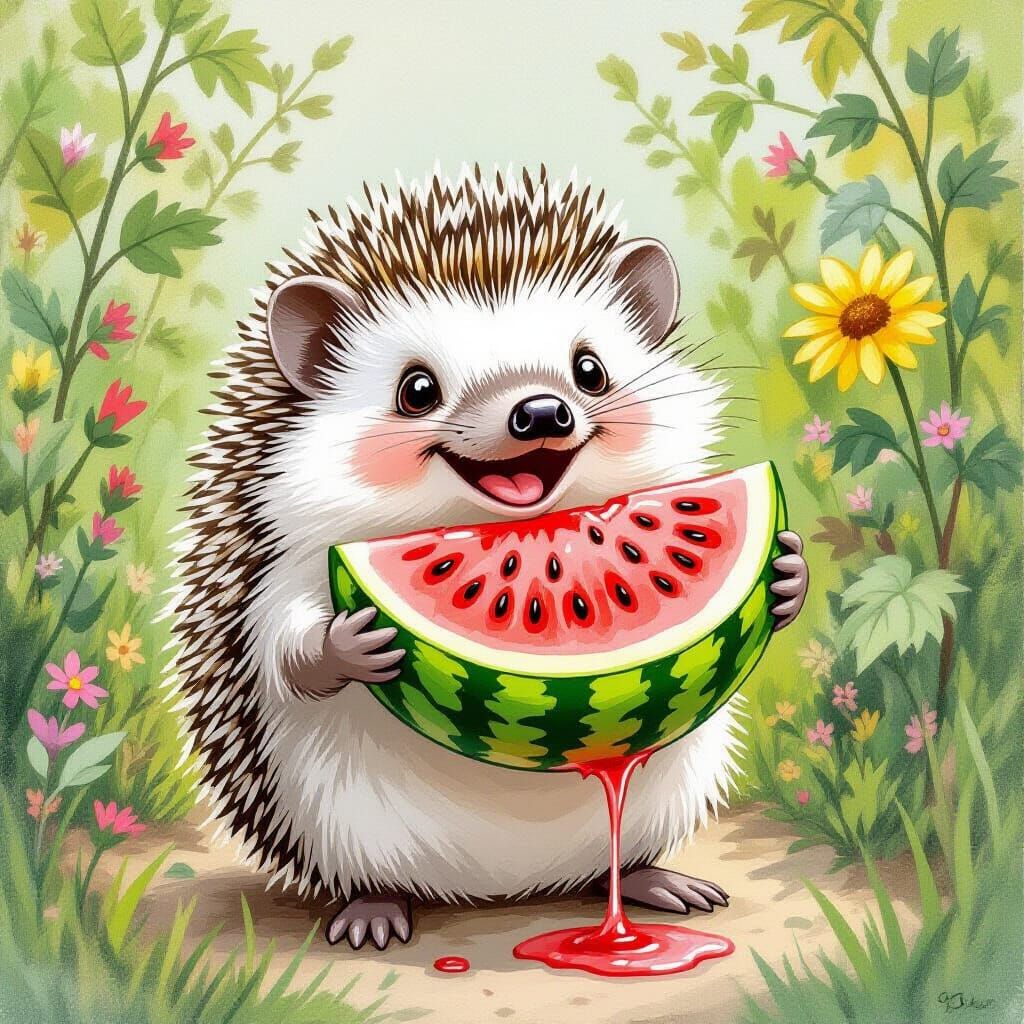 Happy Hedgehog Enjoying Watermelon, Illustrated Style