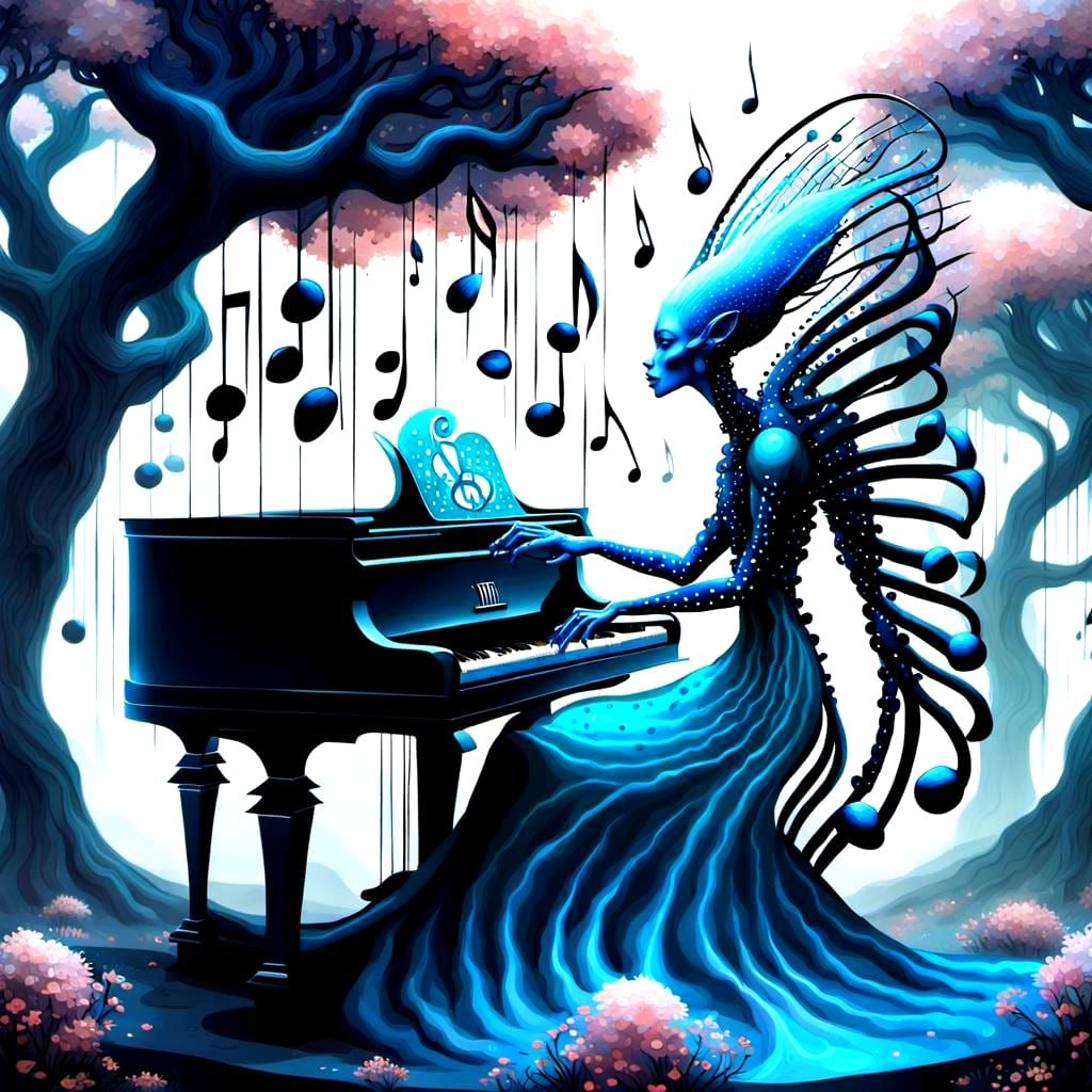 Alien Druid Plays Piano in Surreal Digital Art