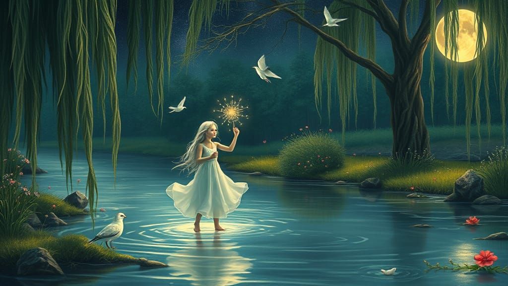 Dreamlike Moonchild in a Serene River Landscape
