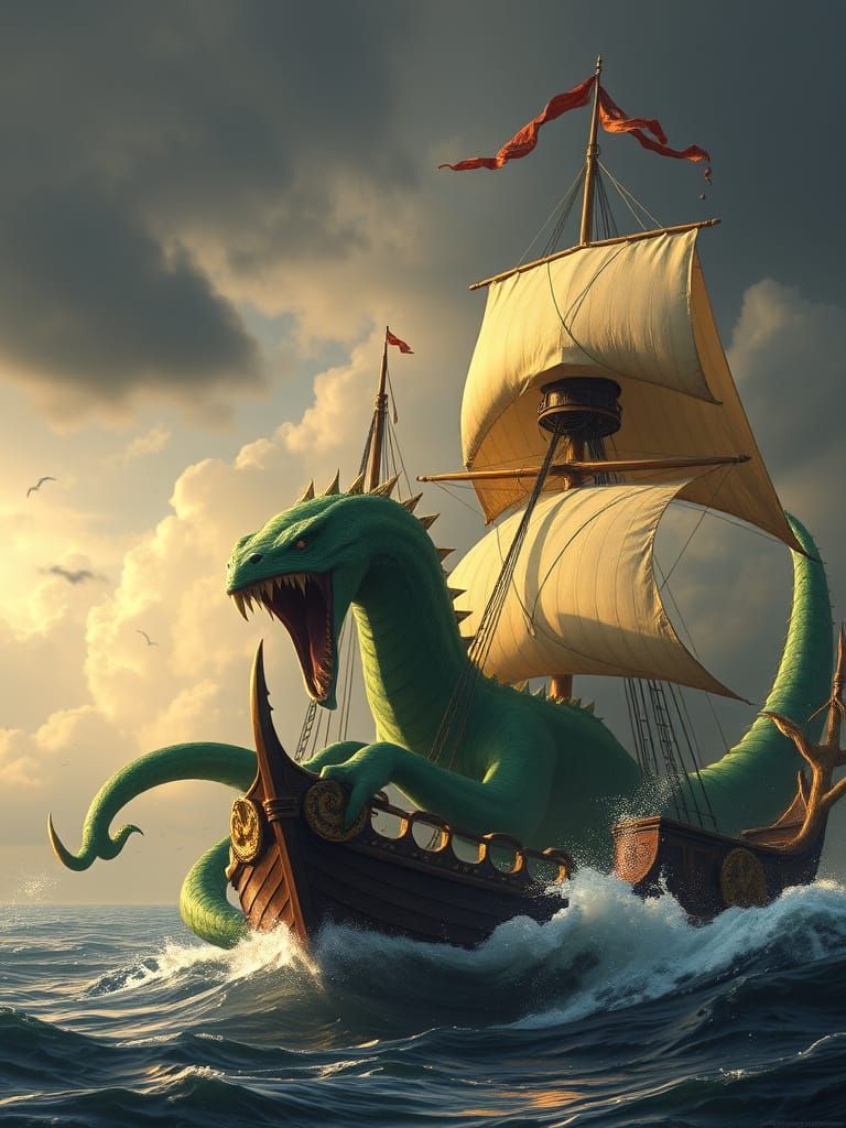 Giant Green and Gold Kraken Attacks Sailing Ship