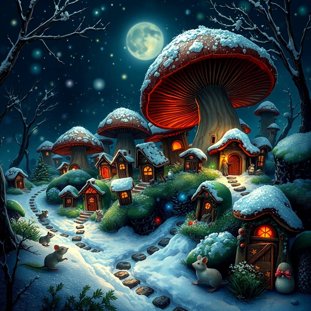 Mystical Mushroom Village Illuminated Christmas Scene