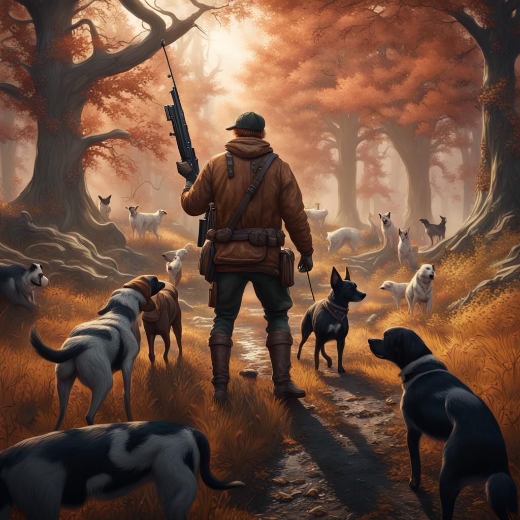 Hunter with Shotgun and Hunting Dogs: Detailed Matte Paintin...