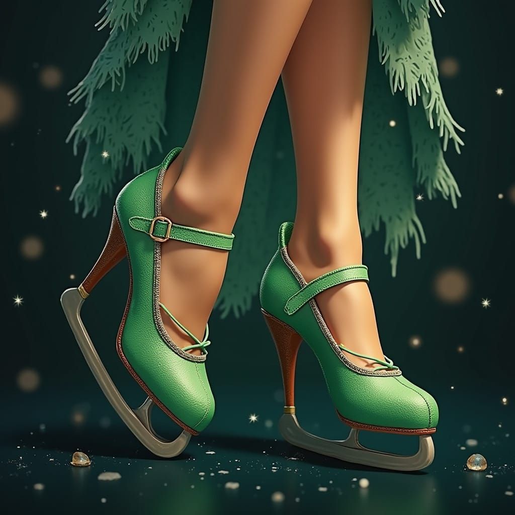 Surreal Winter Wonderland Scene with Green Ice Skates