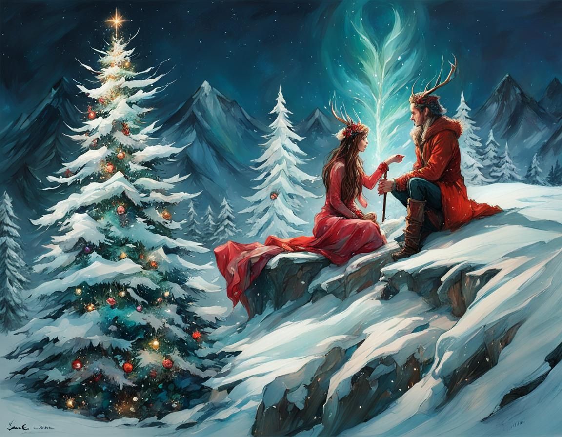 Loki and Sigyn Yule Celebration in Illustrative Style