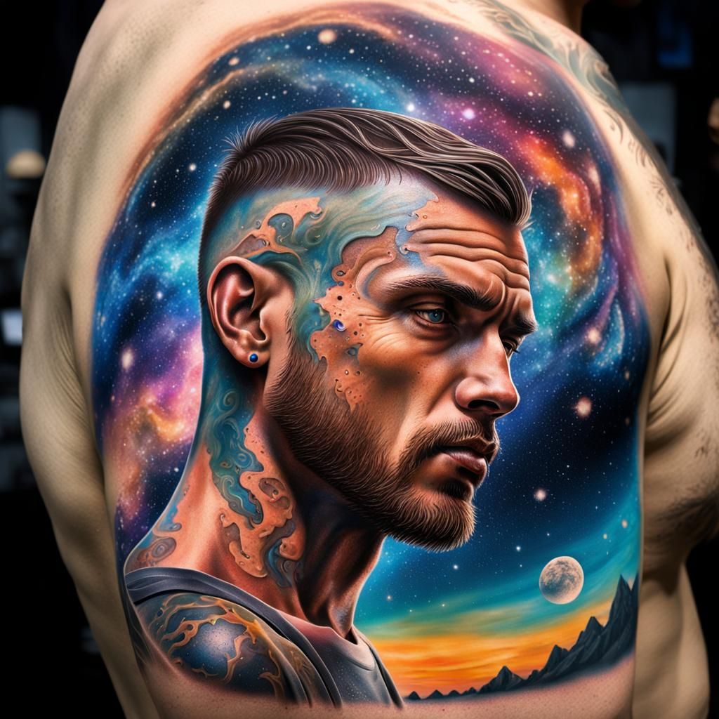 Man with Milky Way Tattoo in Splash Art Style