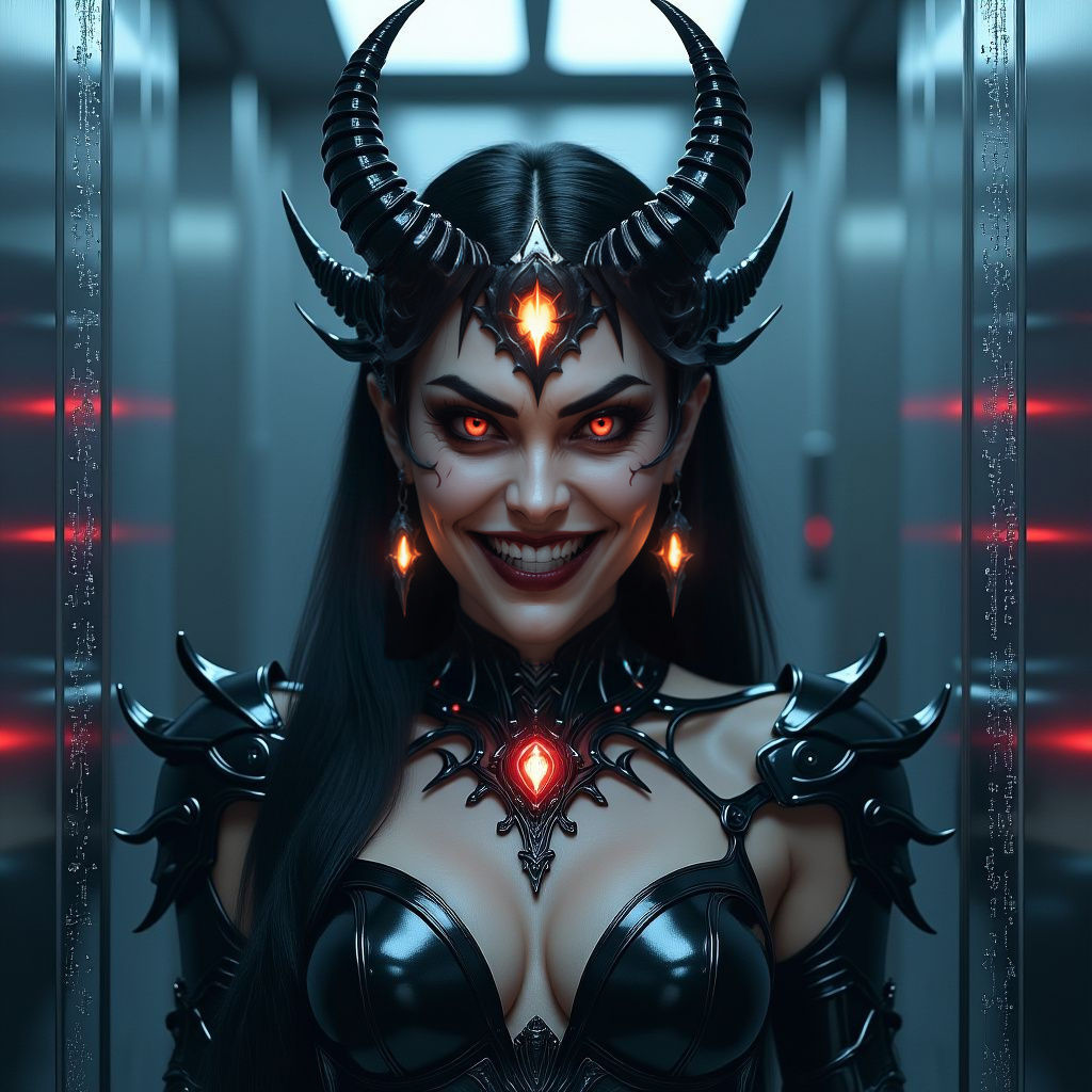 Chrome Demon Queen with Red Gemstones in Hyperreal Style