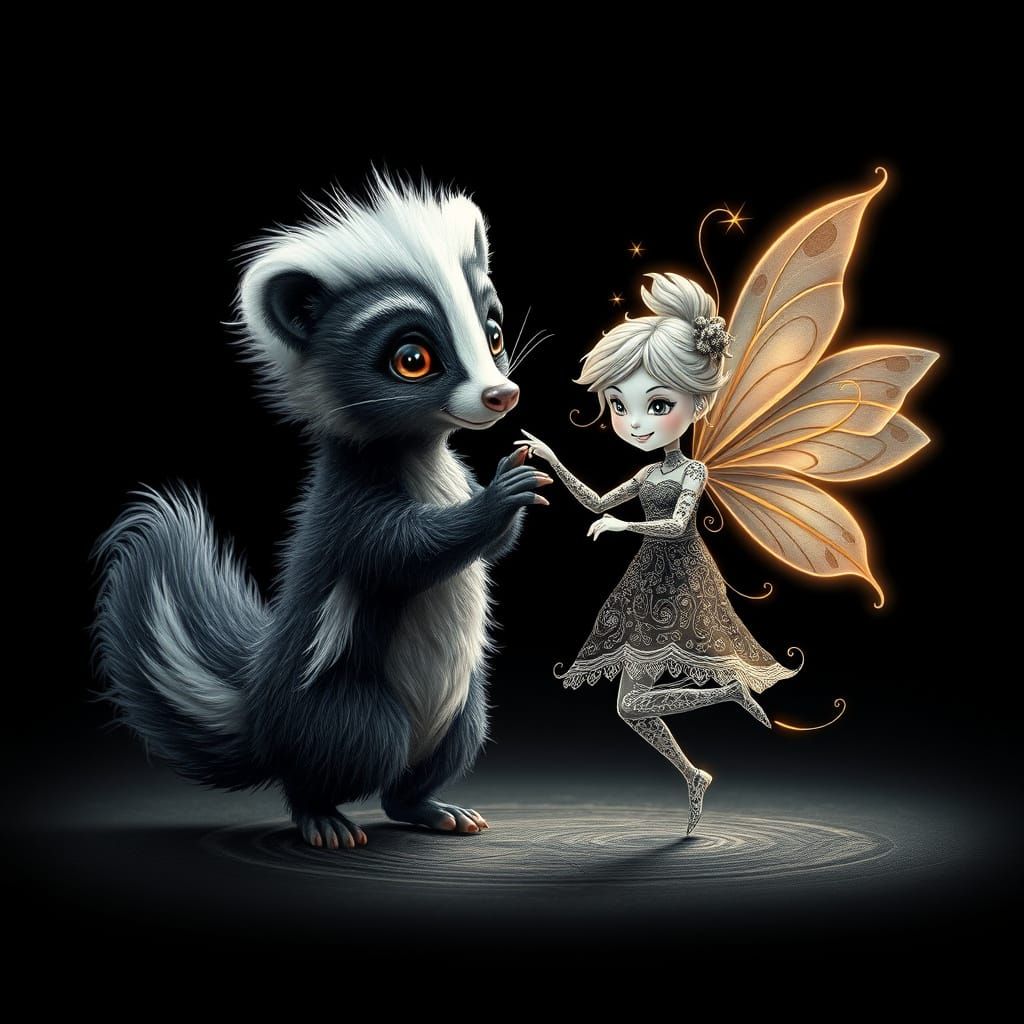 Mystical Dance of Skunk and Fairy in Midnight Black