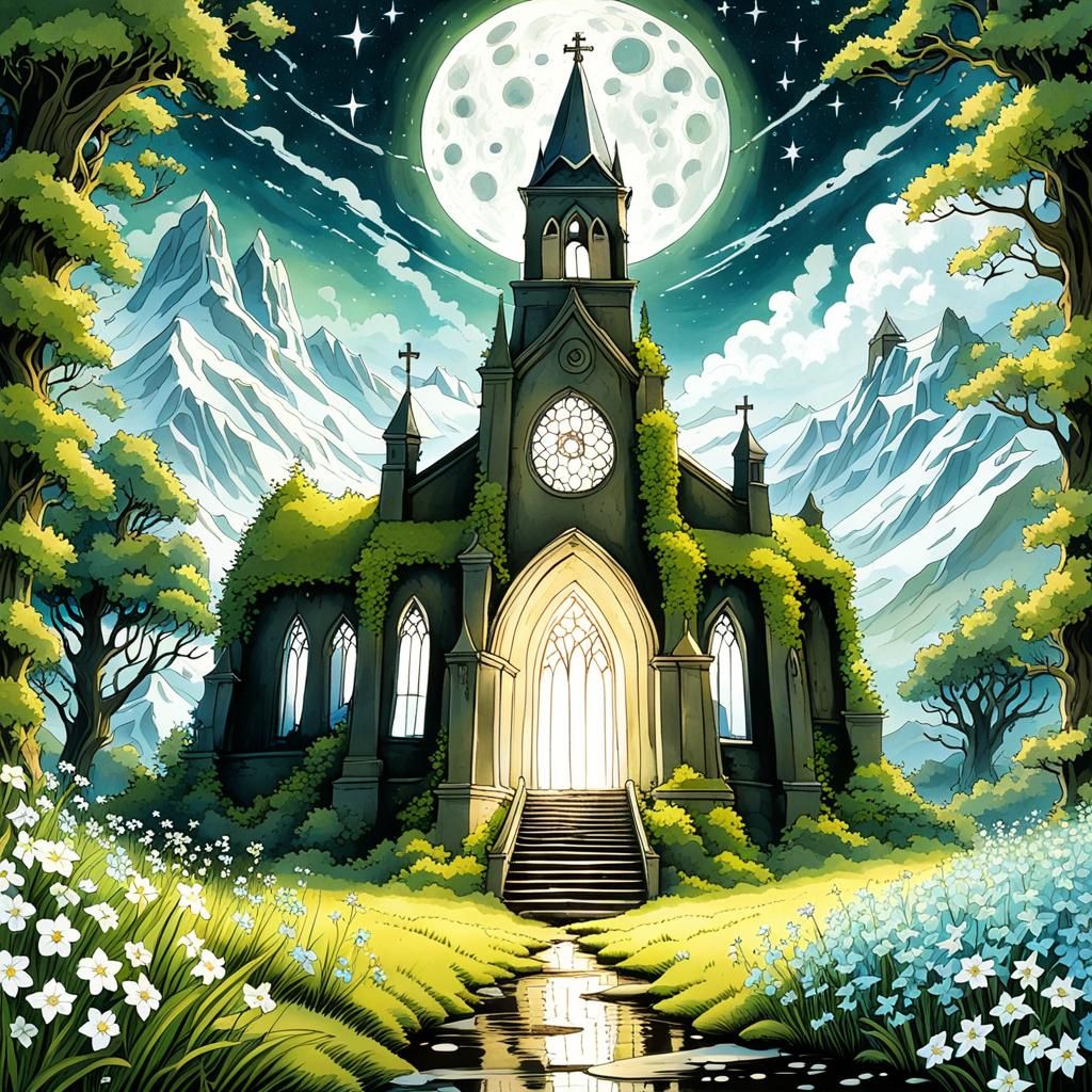 Ruined Church and Comets in Digital Illustration