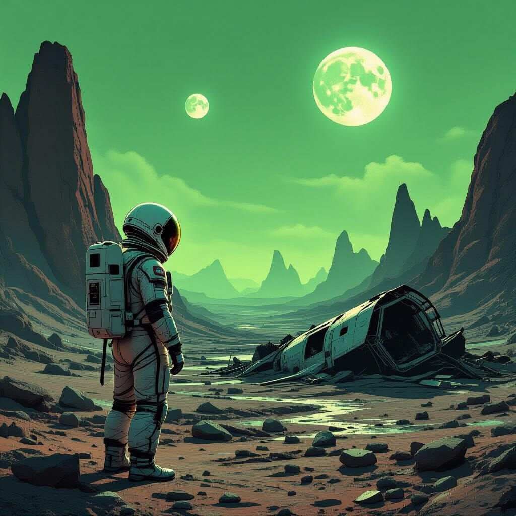Astronaut and Crashed Spaceship on Alien Planet