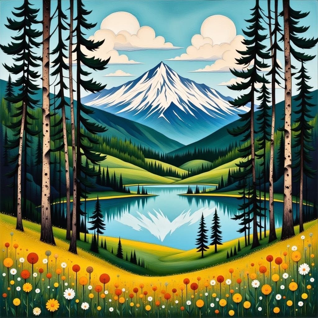 Retro Folk Art Landscape Painting