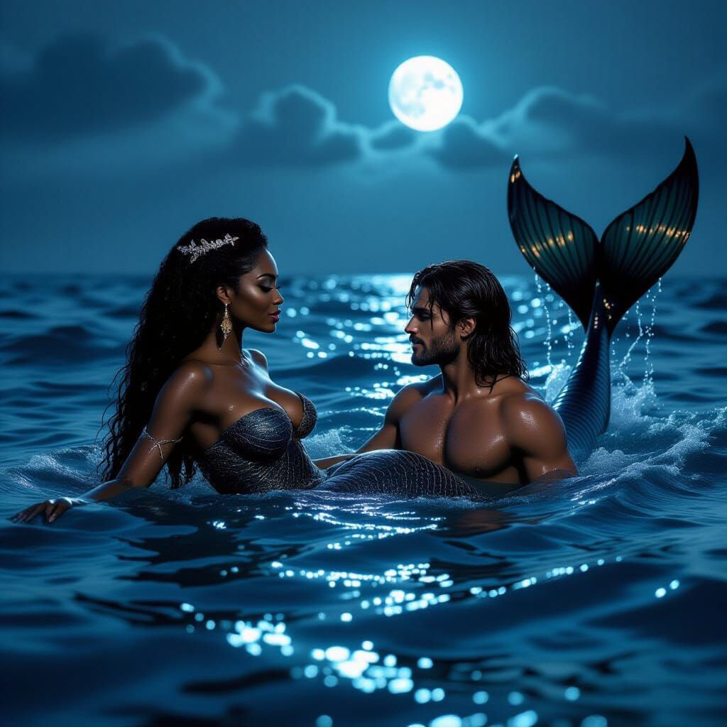 African Mermaid Witch and Lost Sailor in Ocean