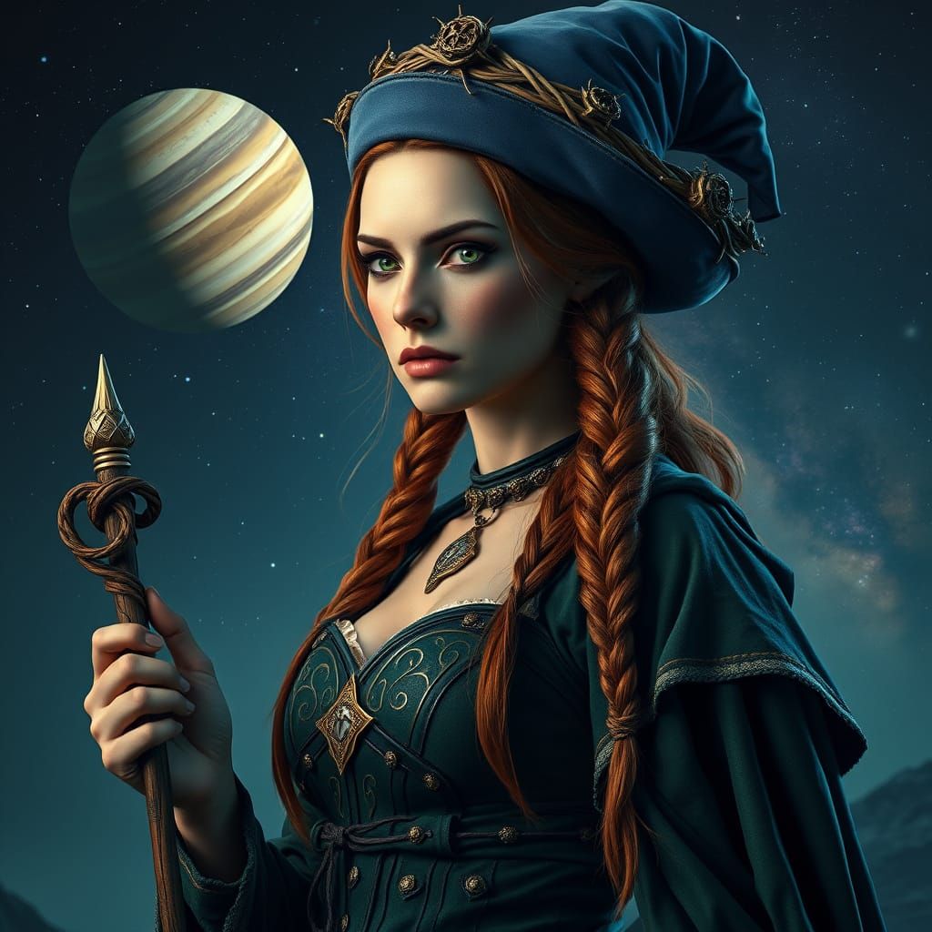 Medieval Sorceress in Eerie, Starlit Landscape