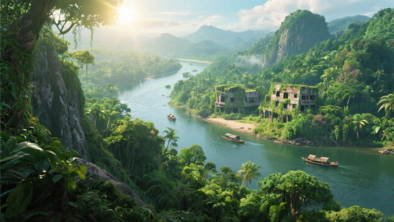 Lush Jungle Vista From Mountain Overlook with River and Ruin...