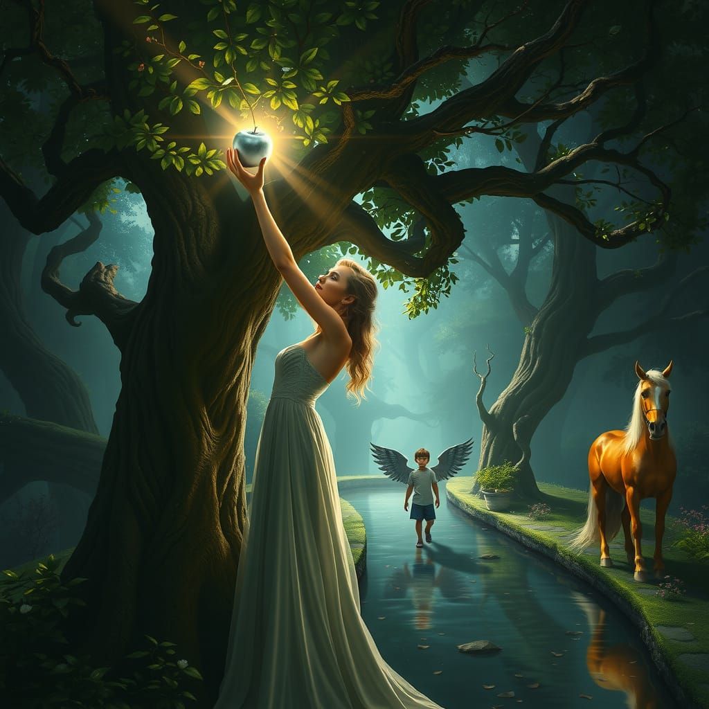 Regal Woman Reaches for Forbidden Silver Apple in Enchanted ...