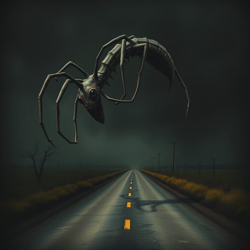 Surreal, Dark Creature Emerges from Country Road Shadows