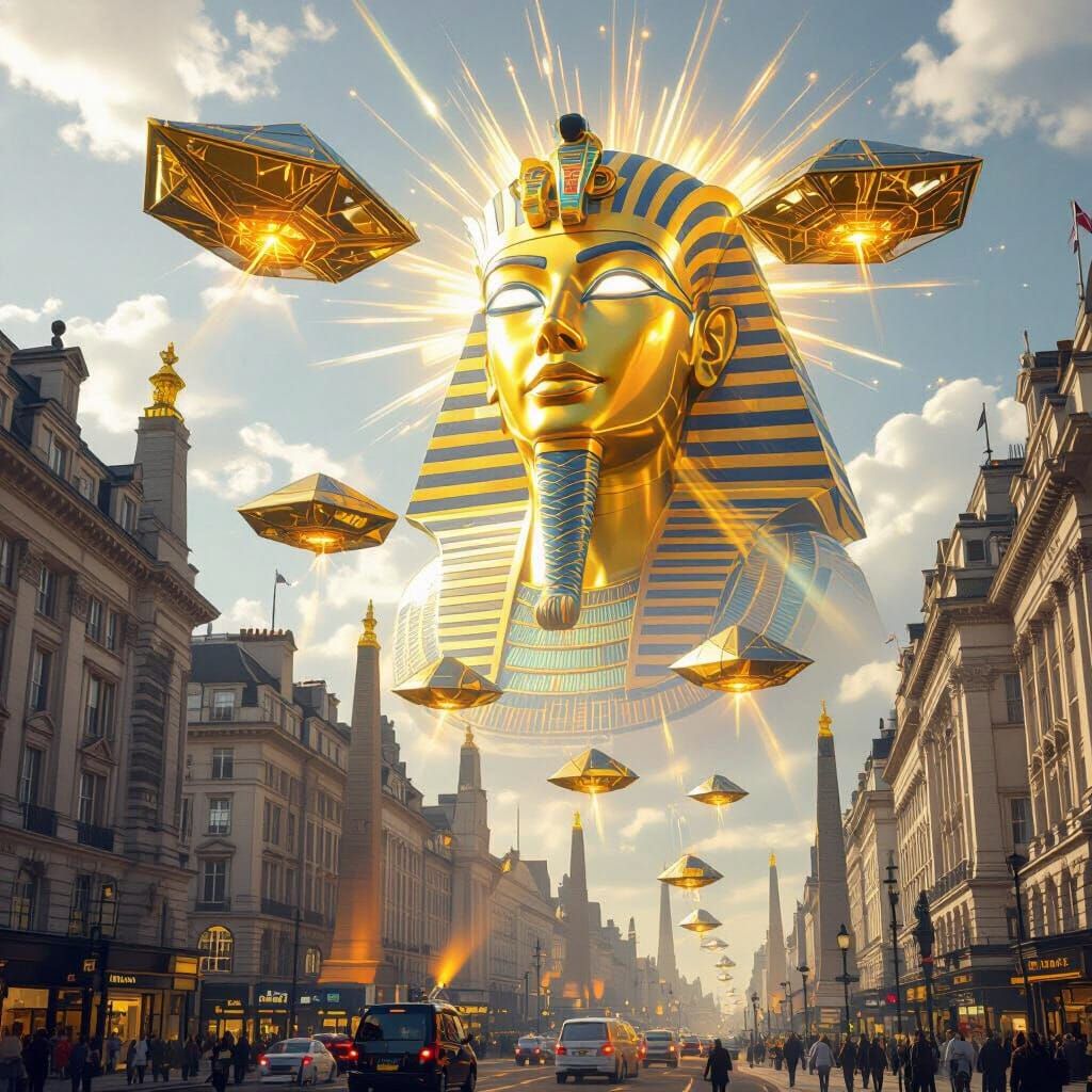 Ra's Solar Fleet Over Piccadilly Circus in Cyber-Egyptian St...