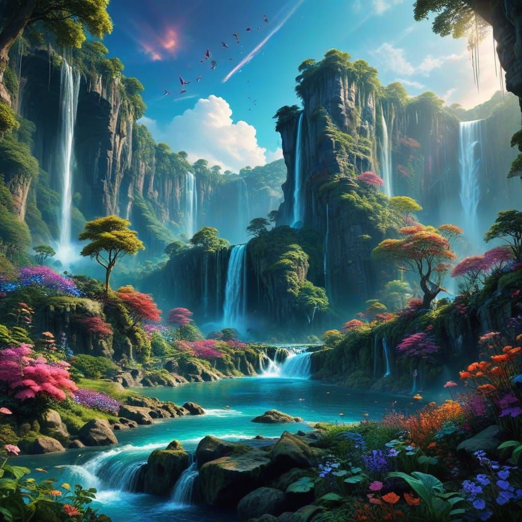 Vibrant Paradise Falls in a Fantastical Land