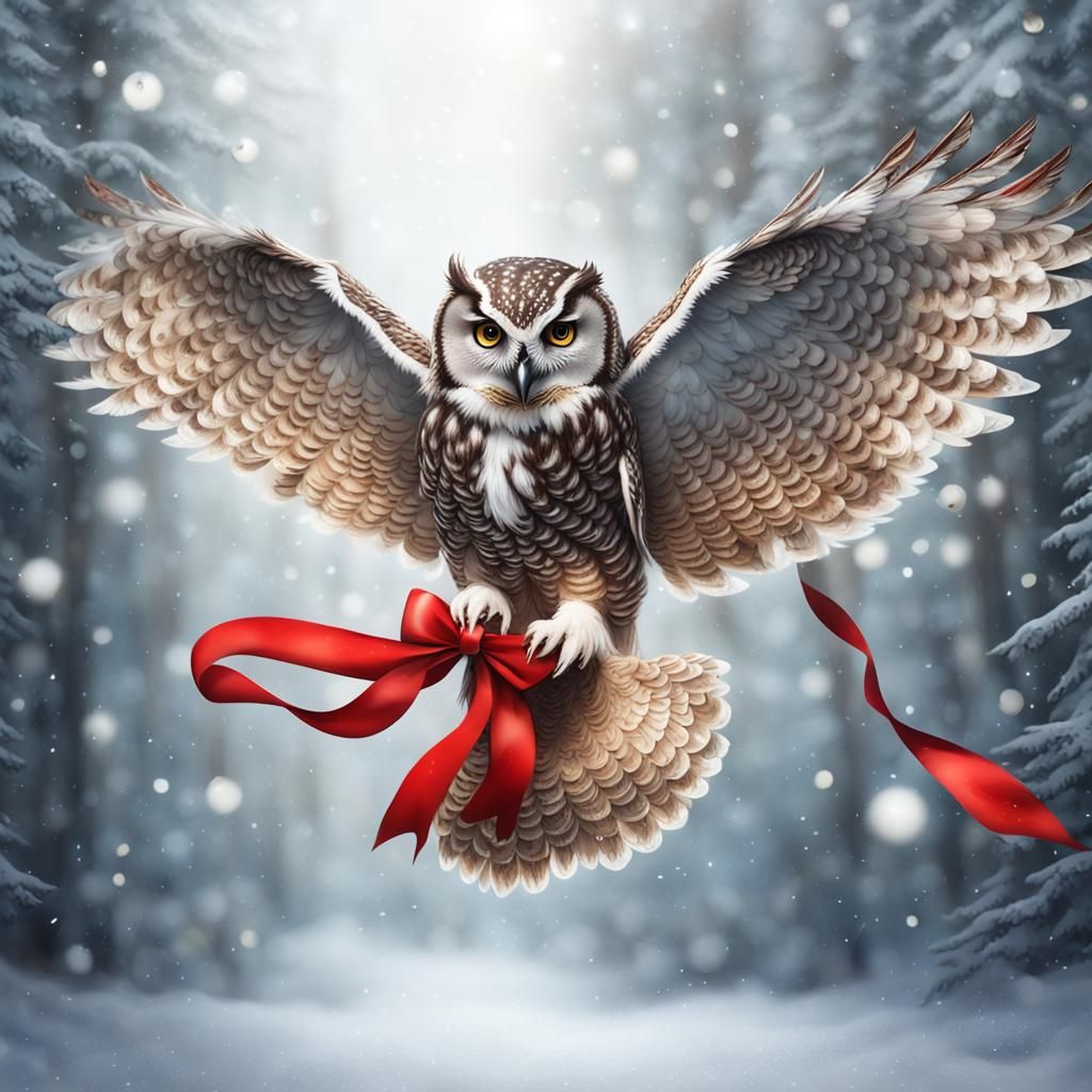 Owl in Winter Forest with Silver Bells