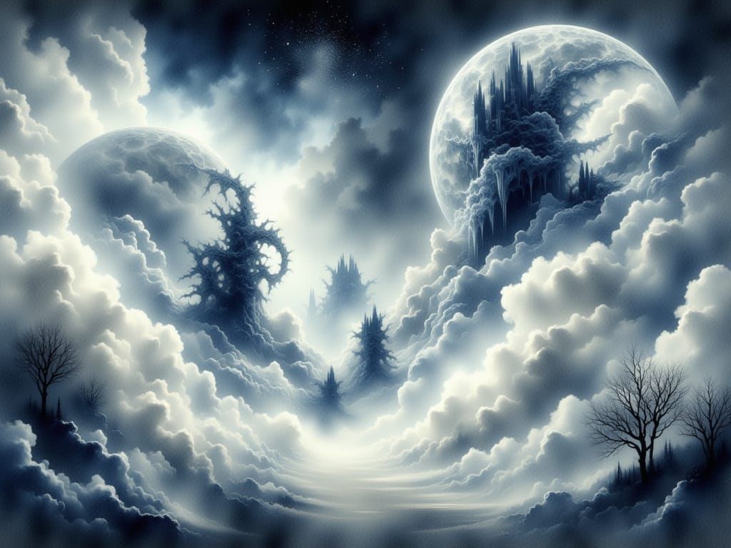 surreal landscape in white clouds