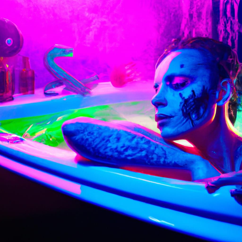 Lizard Woman Relaxing in Cyberpunk Hot Tub