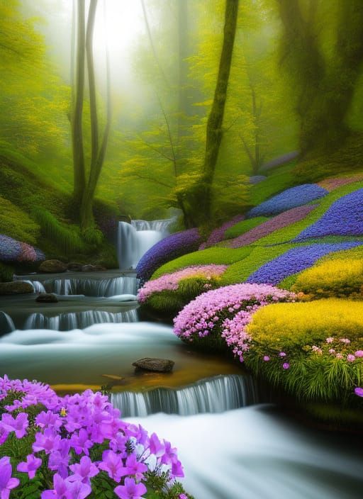 Enchanted Pansies in Surreal Forest Landscape