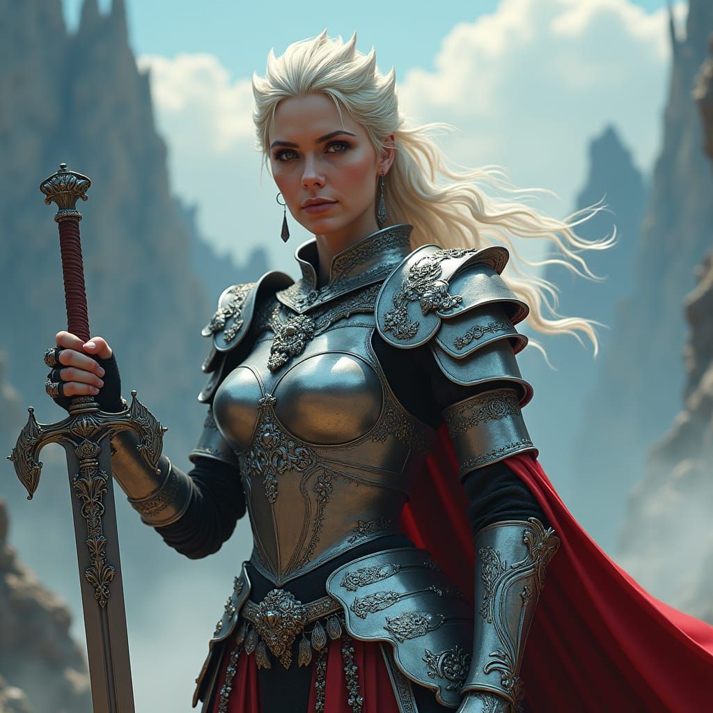 Warrior Queen in Silver Armor, Fantasy Art Style