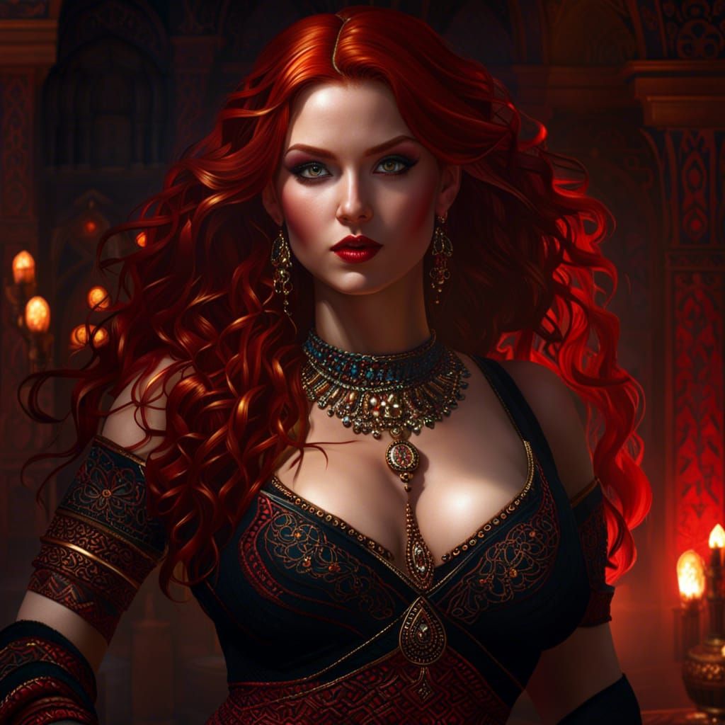 Voluptuous Redhead Belly Dancer in Dark Fantasy Art
