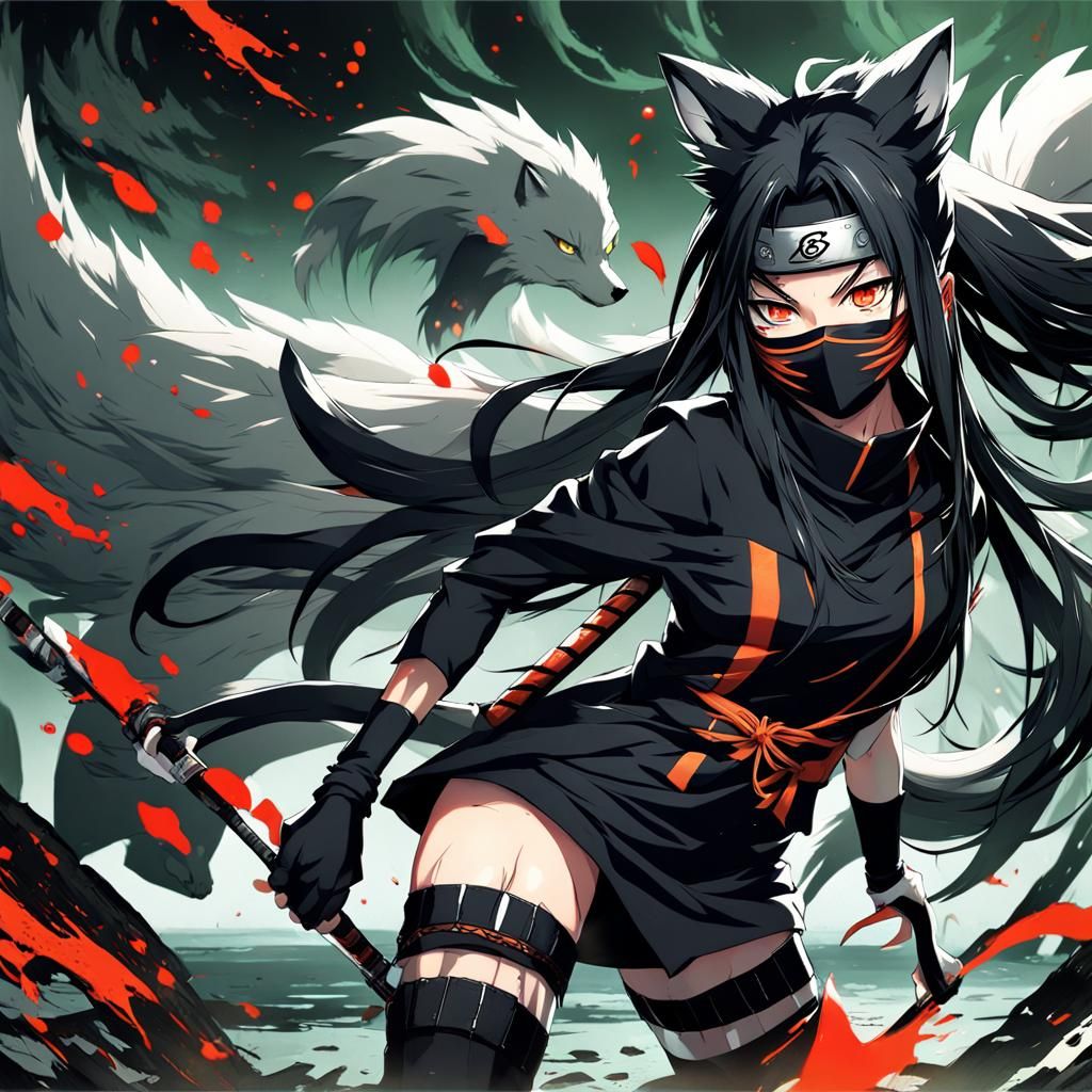 Anime Ninja Girl with Nine Tails Ready to Attack